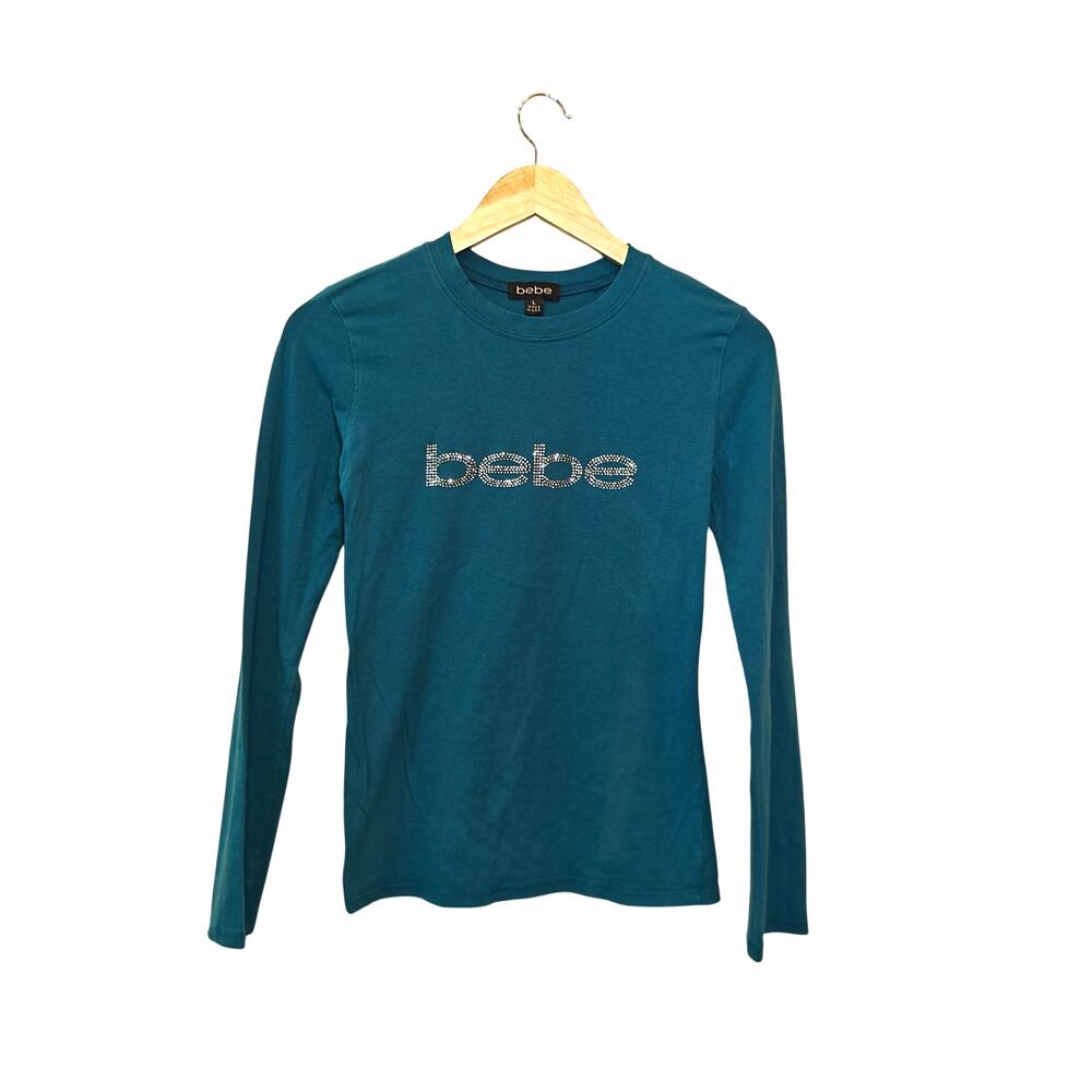 Bebe Teal Rhinestone Logo Long Sleeve Tee Y2K Stretch Top Size L - Picture 2 of 5